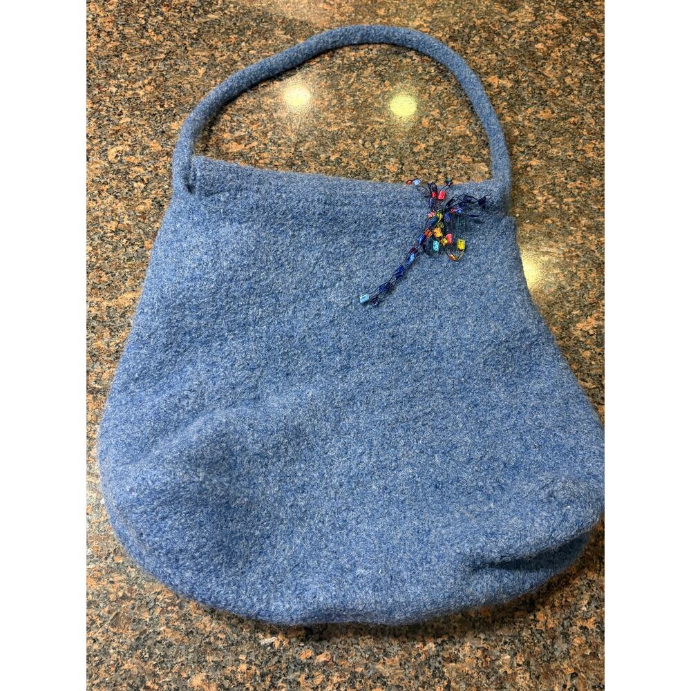 Handmade Blue Felt Shoulder Purse with Multicolored Ribbon Accents - Picture 2 of 10